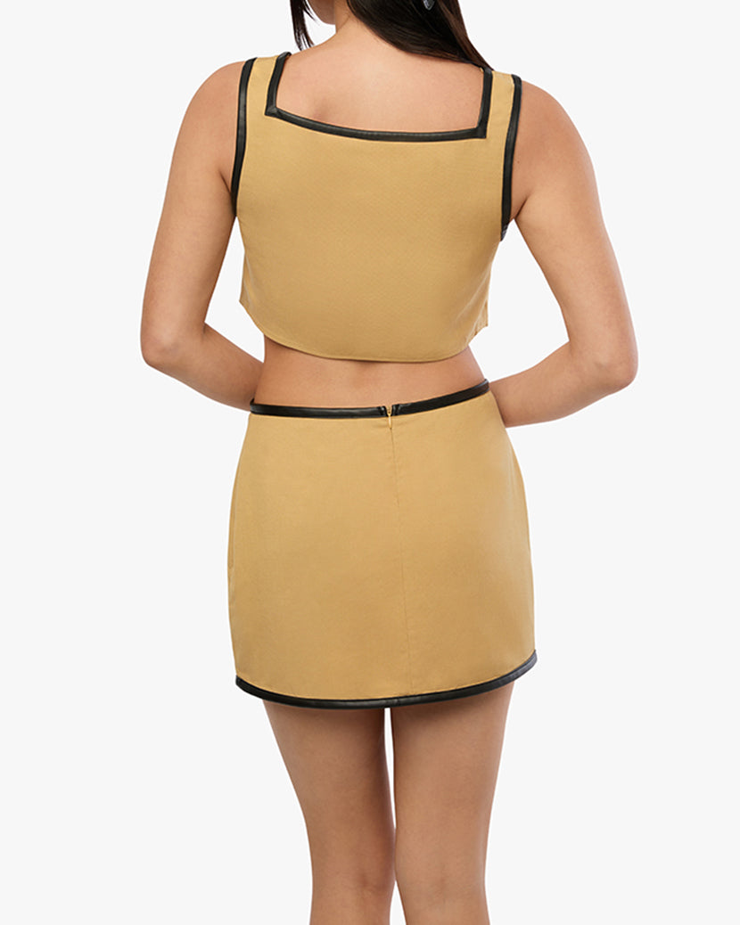 Leather Trim Cropped Top | Warm Taupe/Black