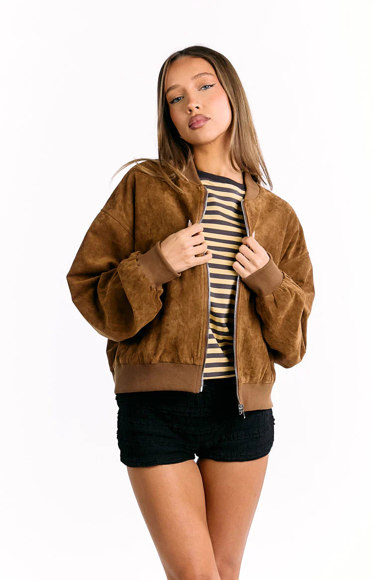 Rebecca Cuffed Suedette Bomber Jacket | Tan