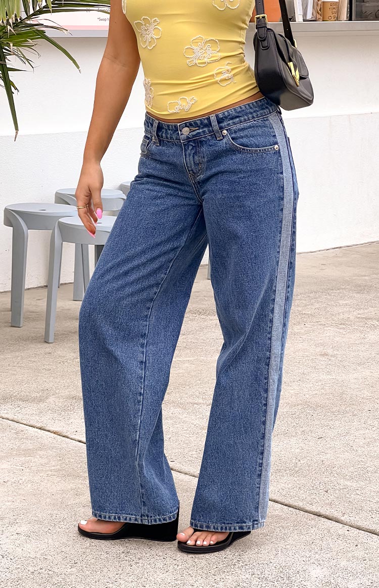 Roonie Contrast Stripe Denim Low Rise Jeans | Mid Wash