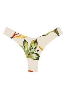 Cream bikini bottom with green and yellow floral print and zig-zag stitching on waistband and leg openings.