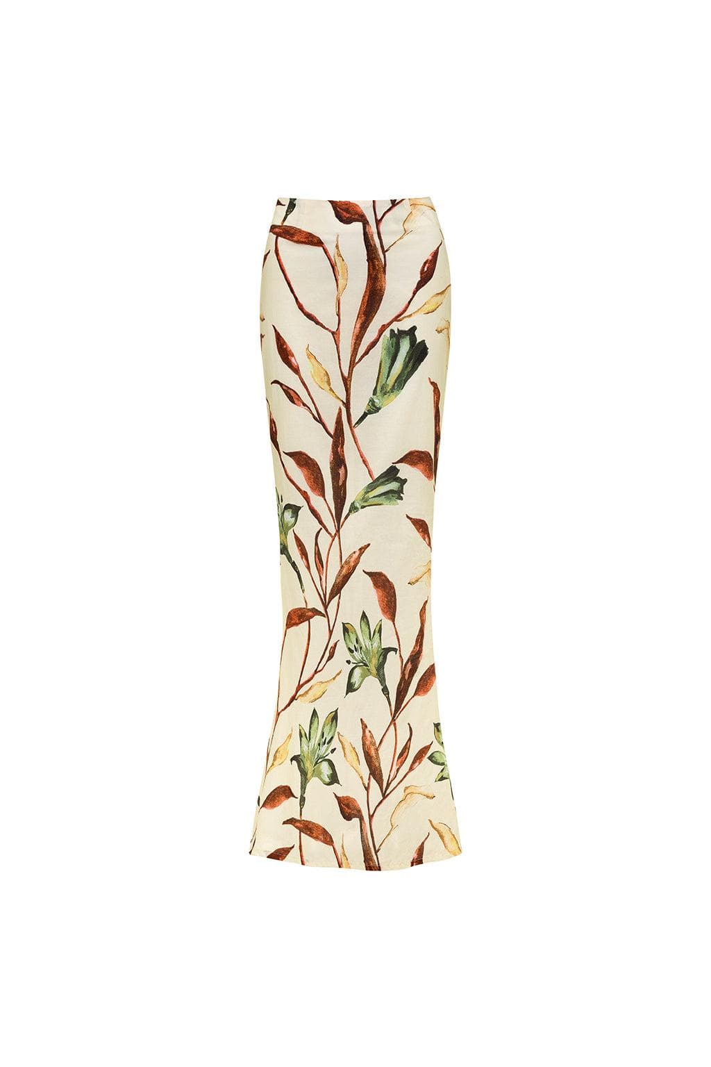 Cream maxi skirt with botanical print featuring rust and green branches and leaves throughout.