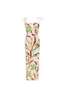 Cream slip dress with red, orange, yellow, and green floral print, adjustable tie shoulder straps, fitted bodice.