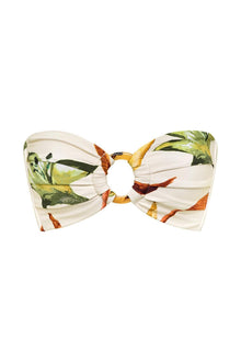 Cream bandeau bikini top with floral print featuring green leaves and orange flowers, tied at center with gold ring detail.