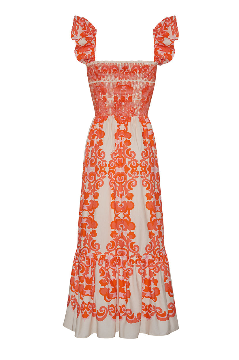 Ruby Dress | Venice Scroll Mandarin Red