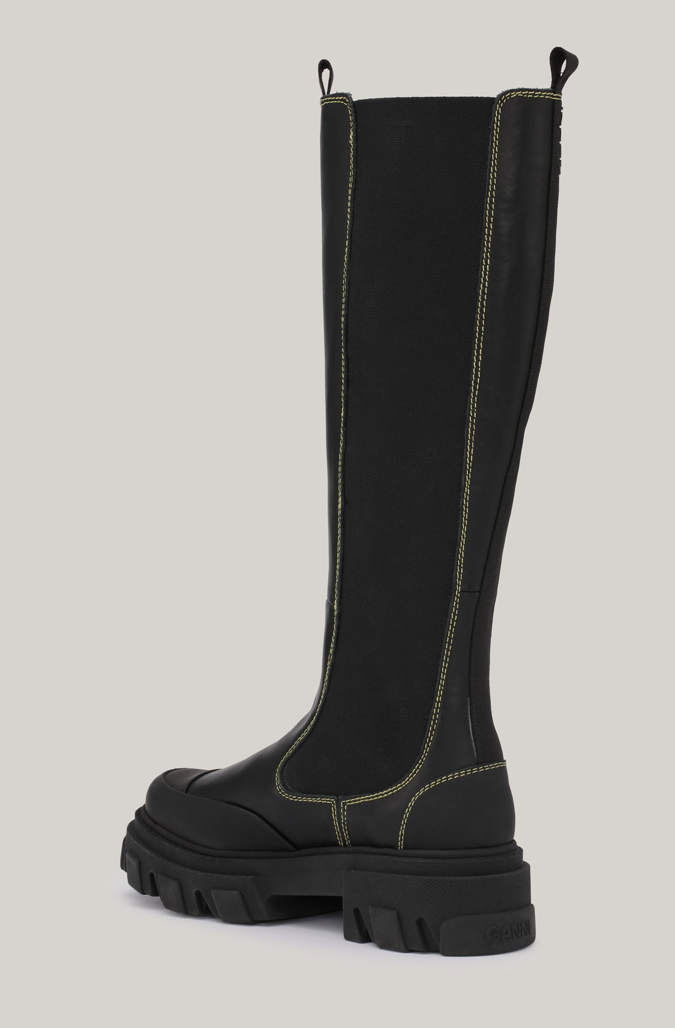 Knee-High Yellow Conrast Stitching Chelsea Boots | Black