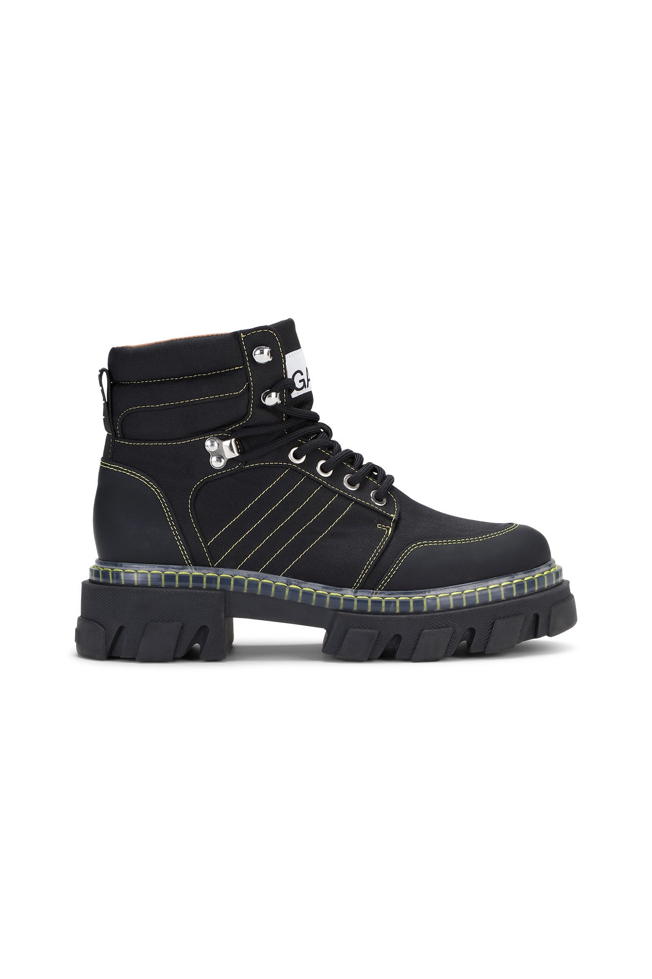 Cleated Lace Up Yellow Contrast Stitching Hiking Boots | Black