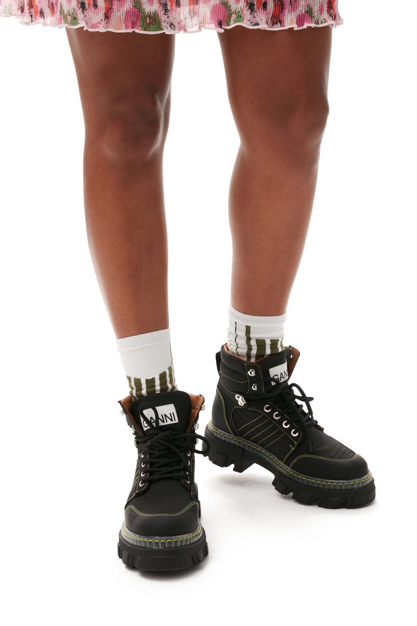 Cleated Lace Up Yellow Contrast Stitching Hiking Boots | Black