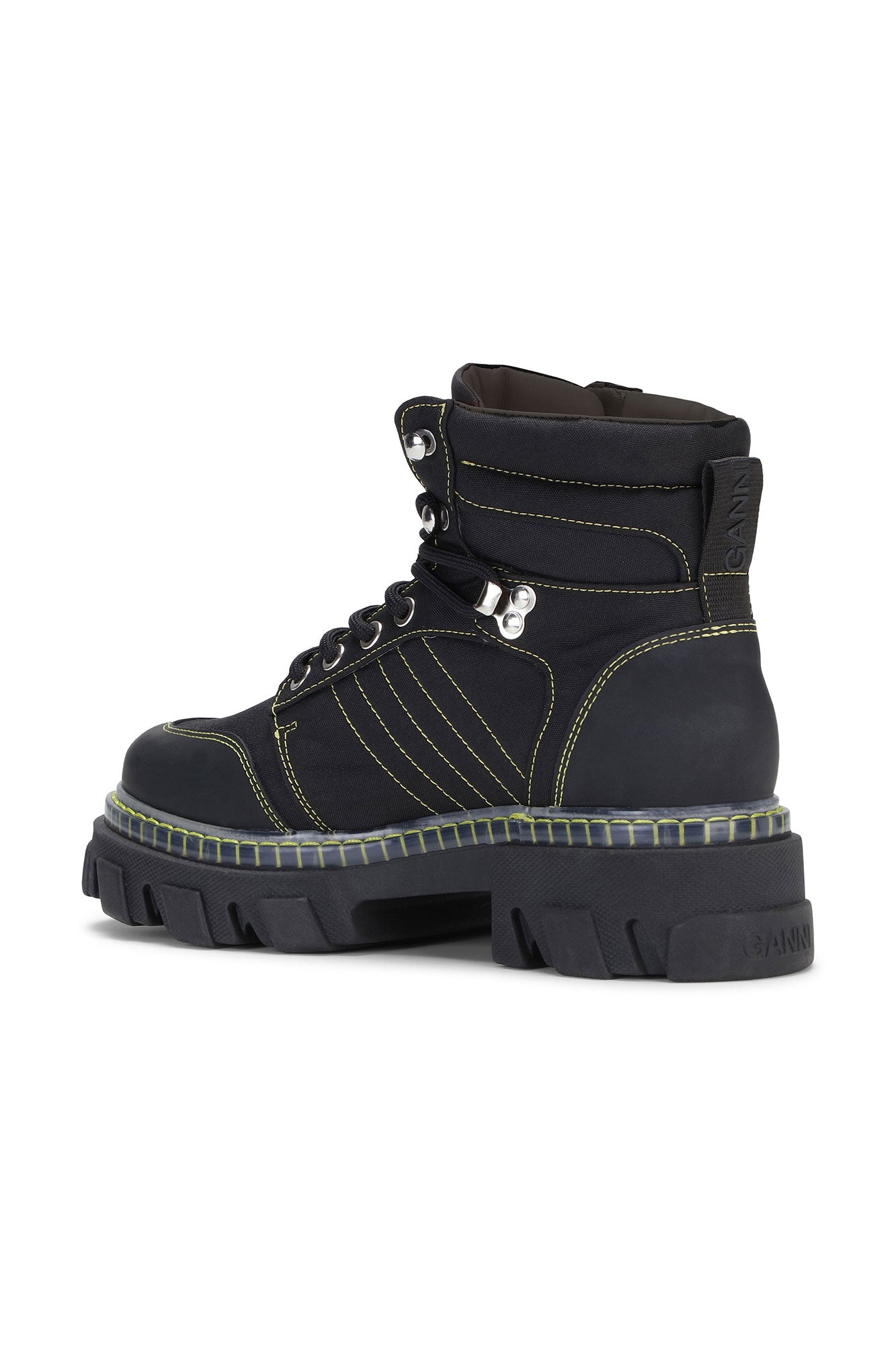 Cleated Lace Up Yellow Contrast Stitching Hiking Boots | Black