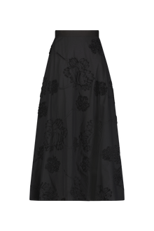 Ribbon Embroidered Cotton Full Skirt | Black