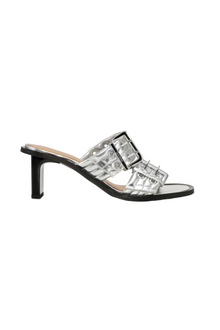 Metallic Feminine Buckle Heeled Mule Sandals | Silver