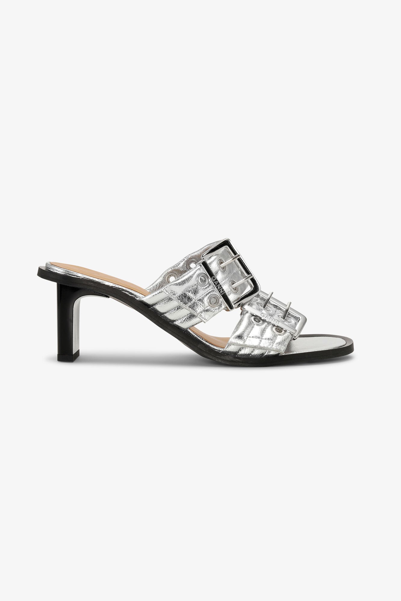 Metallic Feminine Buckle Heeled Mule Sandals | Silver
