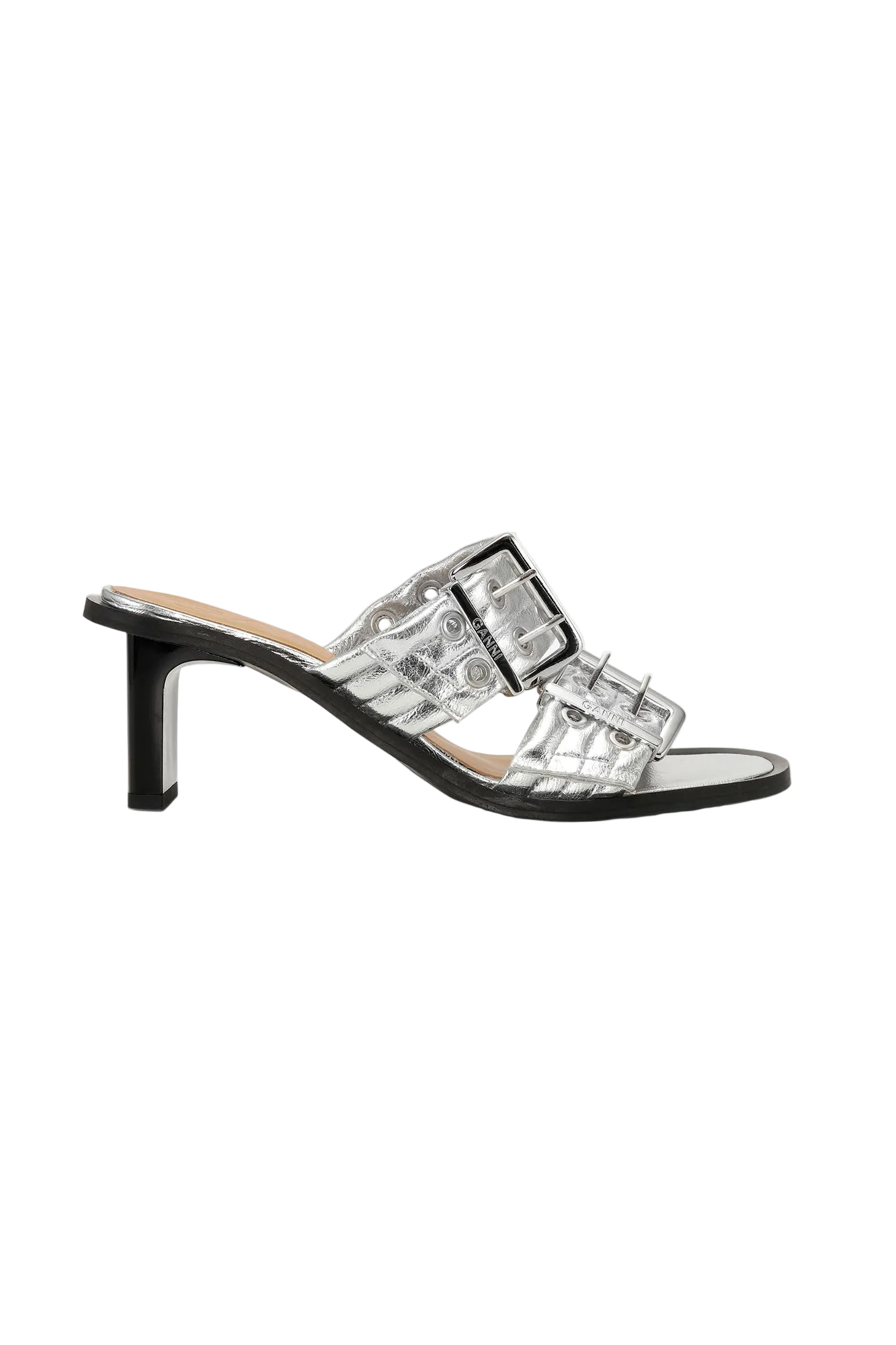 Metallic Feminine Buckle Heeled Mule Sandals | Silver