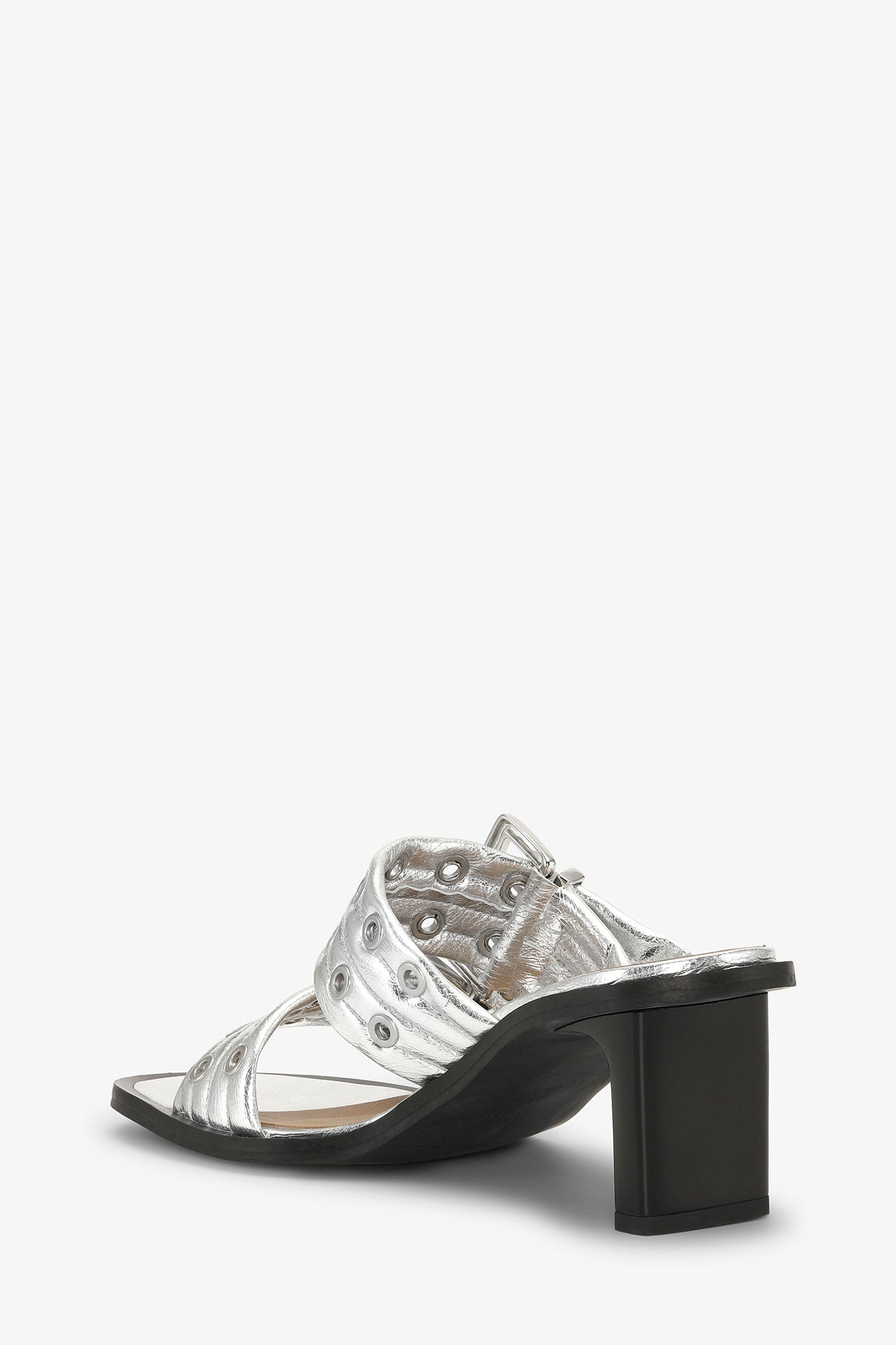 Metallic Feminine Buckle Heeled Mule Sandals | Silver