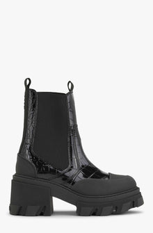 Cleated Heeled Mid Chelsea Boot Patent Croco | Black