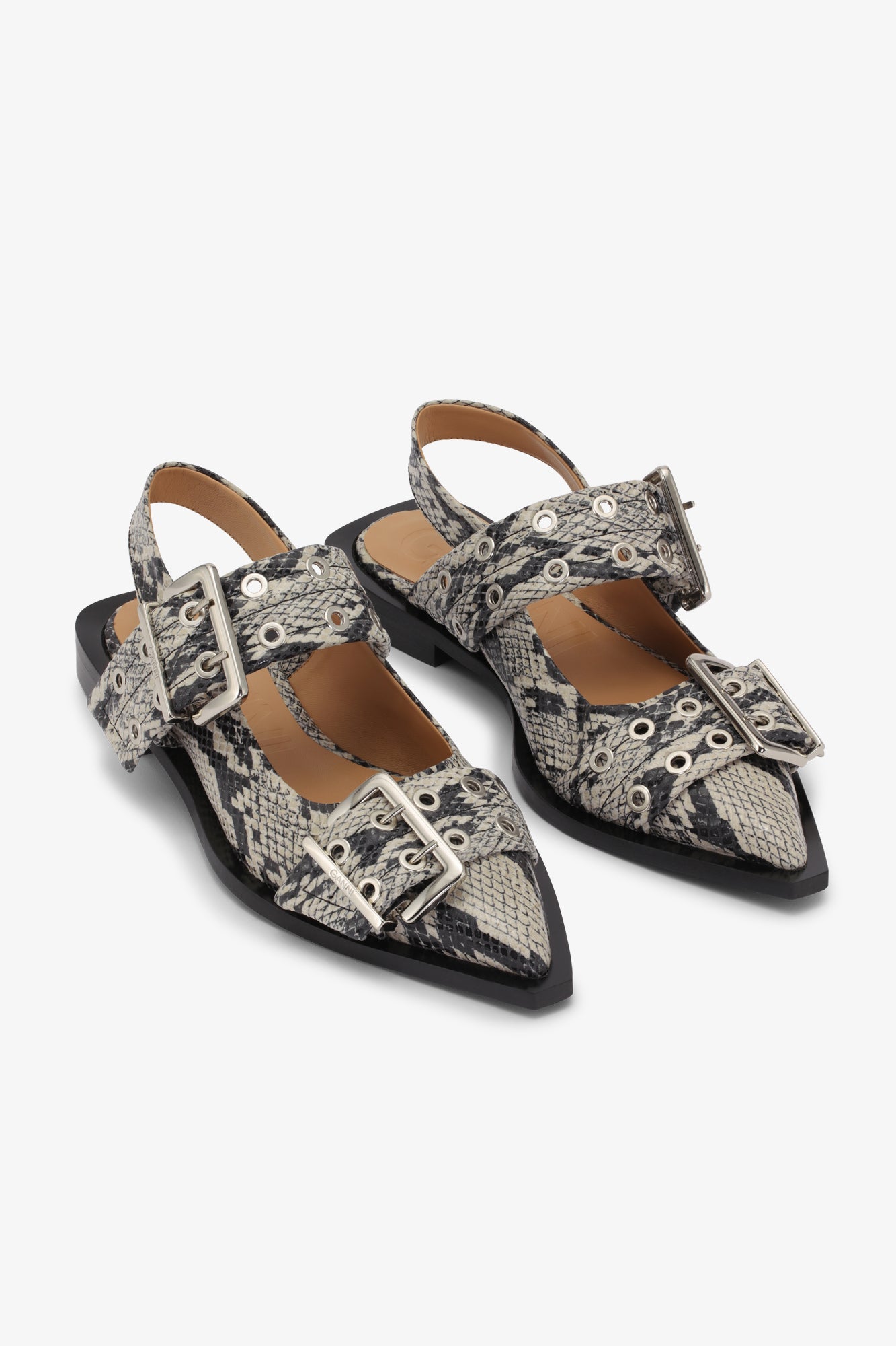 Snake Printed Feminine Buckle Ballerinas | Sand