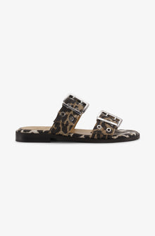 Feminine Buckle Two-Strap Sandals in Leopard Denim | Leopard