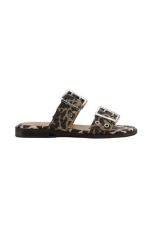 Feminine Buckle Two-Strap Sandals in Leopard Denim | Leopard