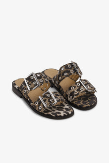 Feminine Buckle Two-Strap Sandals in Leopard Denim | Leopard