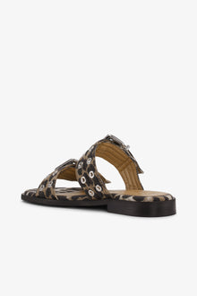Feminine Buckle Two-Strap Sandals in Leopard Denim | Leopard