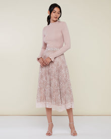 Pleated Lace Trim Midi Skirt | Oatmeal Leopard Print