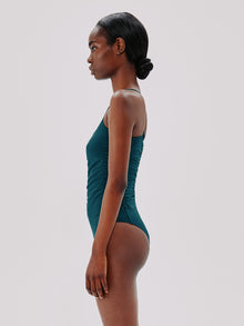 Another Tomorrow Shirred Bodysuit in Petrol – Cotton Women's Top