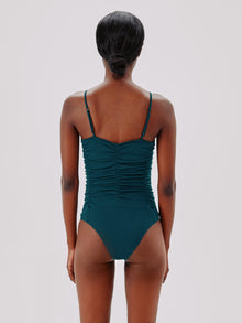 Another Tomorrow Shirred Bodysuit in Petrol – Cotton Women's Top