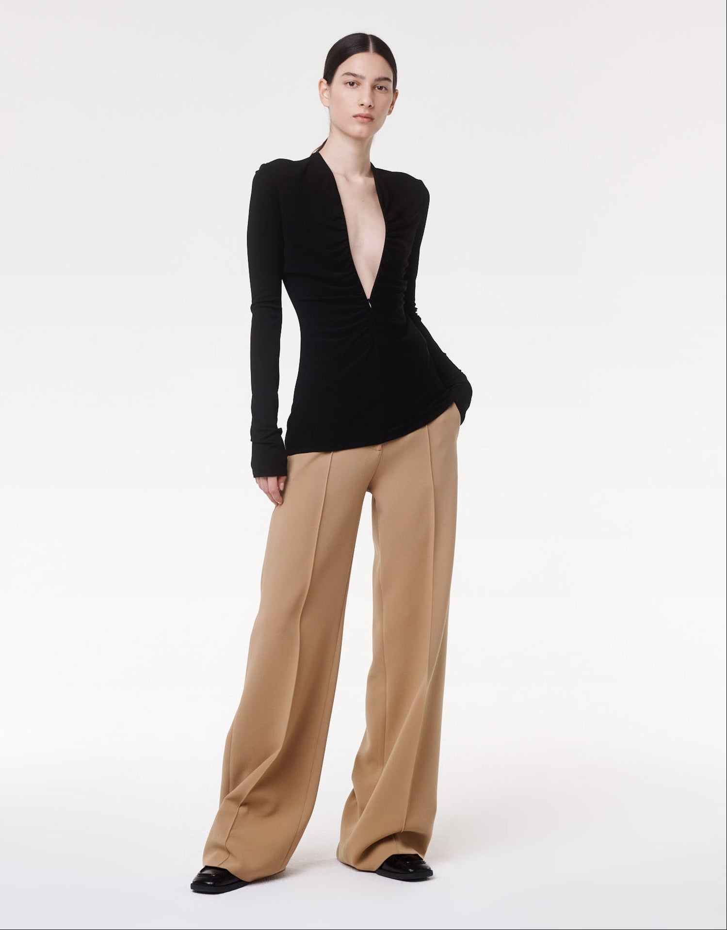Another Tomorrow Shirred Long Sleeve Top in Black – Viscose Women's Top
