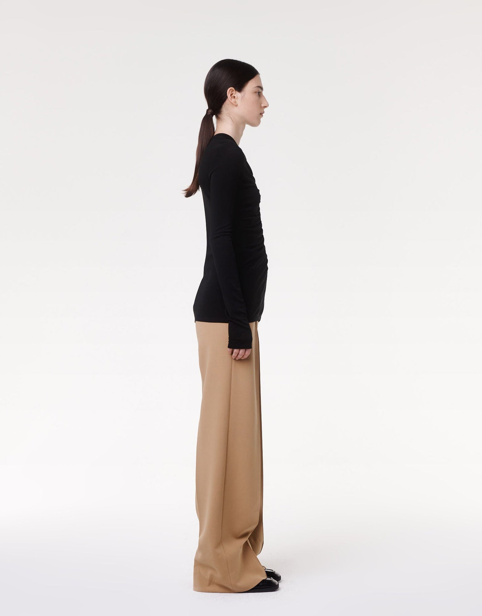 Another Tomorrow Shirred Long Sleeve Top in Black – Viscose Women's Top