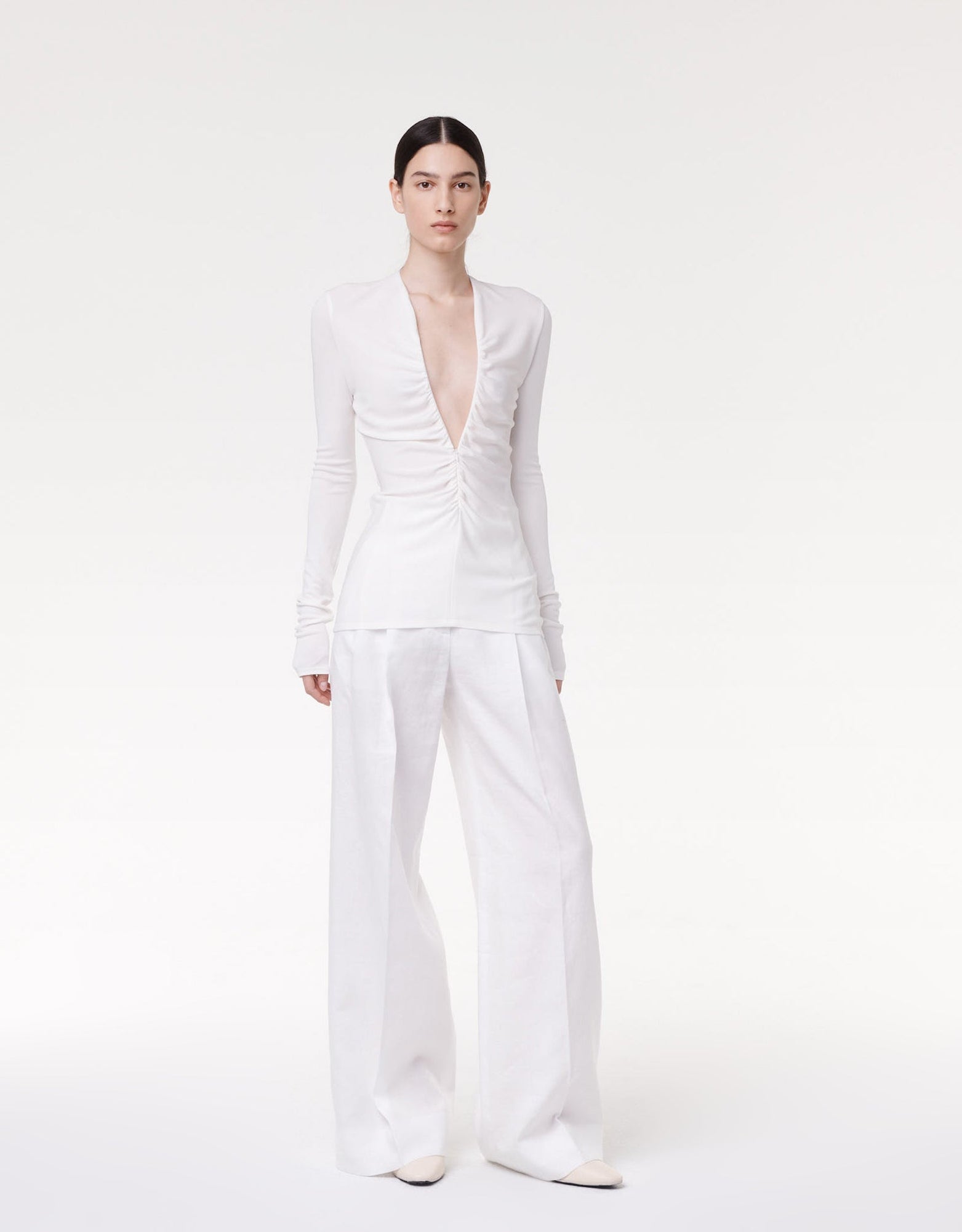 Another Tomorrow Shirred Long Sleeve Top in Off White – Viscose Women's Top