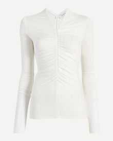 Another Tomorrow Shirred Long Sleeve Top in Off White – Viscose Women's Top
