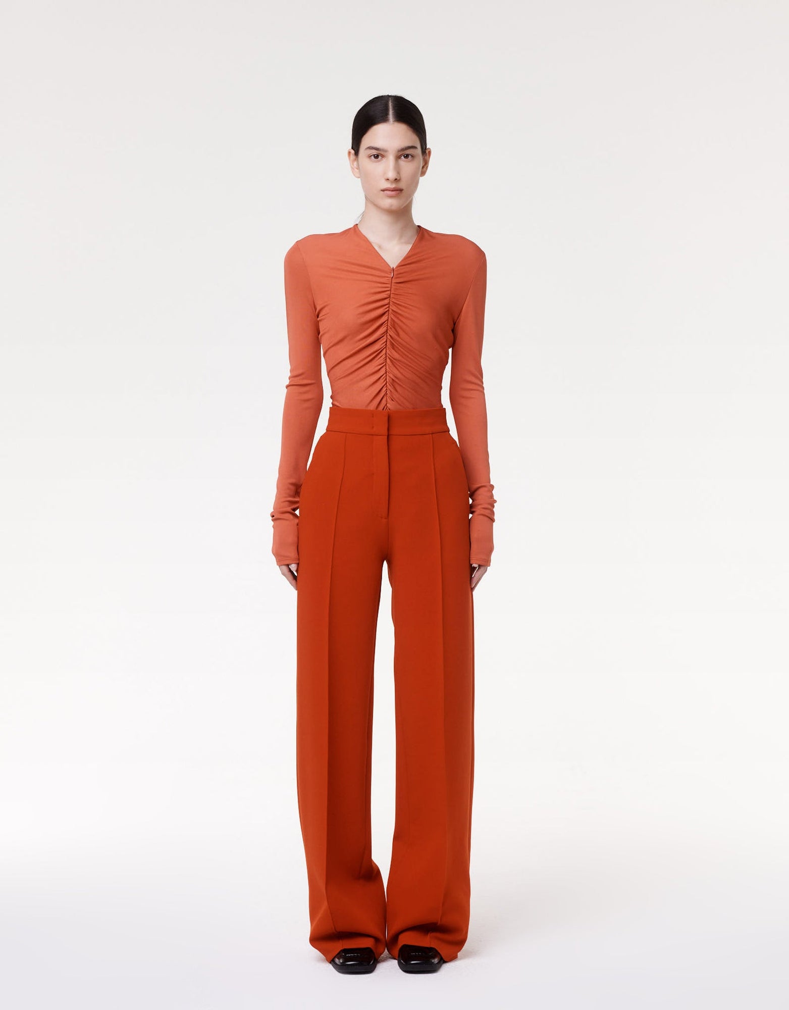 Another Tomorrow Shirred Long Sleeve Top in Sienna Red – Viscose Women's Top