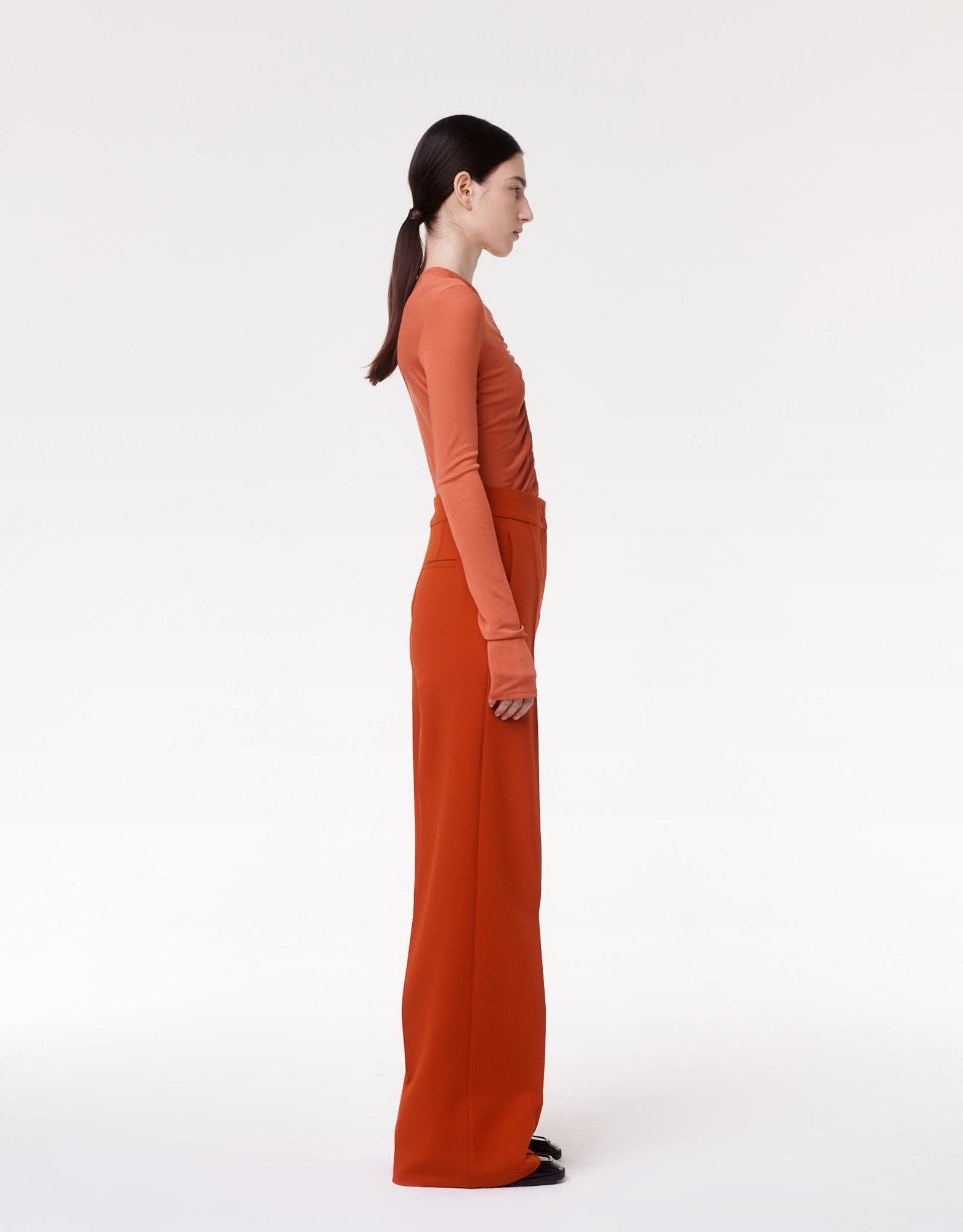 Another Tomorrow Shirred Long Sleeve Top in Sienna Red – Viscose Women's Top