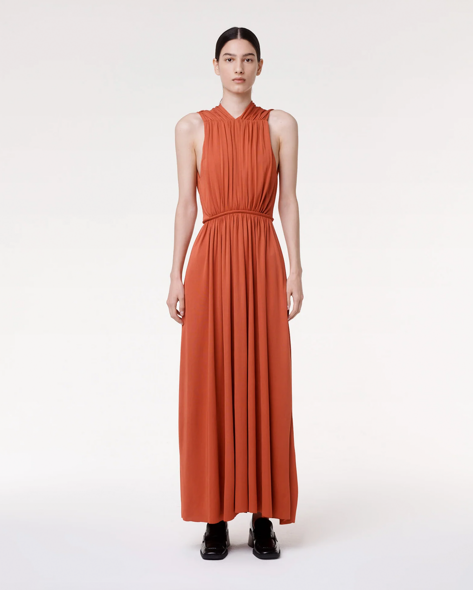 Another Tomorrow Shirred Midi Dress in Sienna Red – Viscose Women's Dress