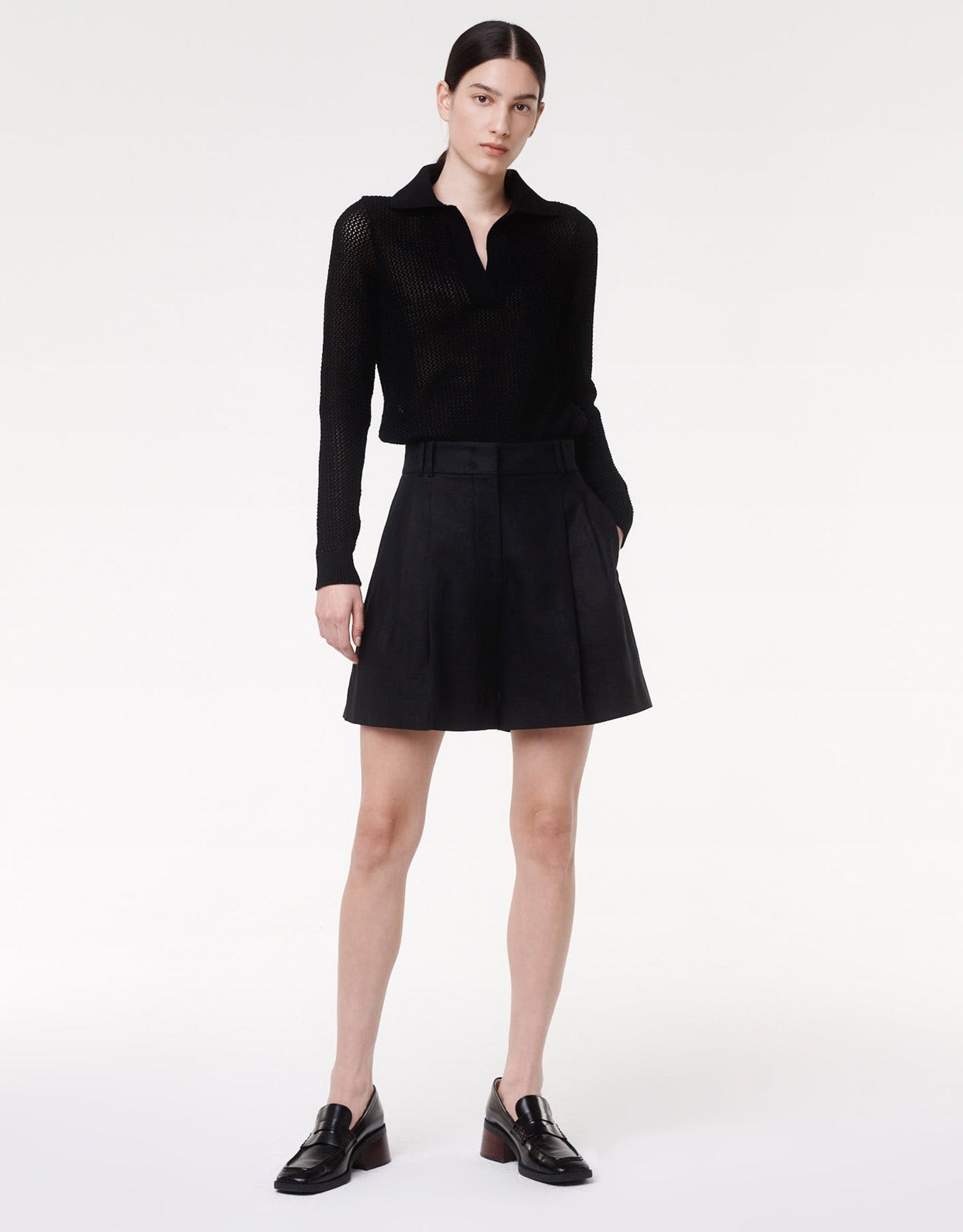 Another Tomorrow Pleated Shorts in Black – Linen Women's Trousers