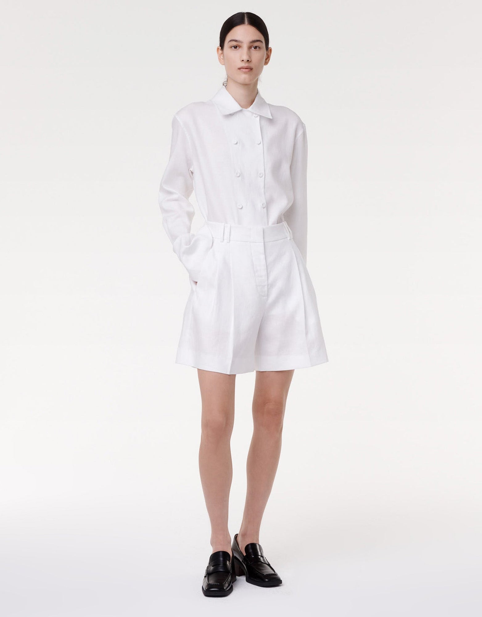 Another Tomorrow Pleated Shorts in White – Linen Women's Trousers
