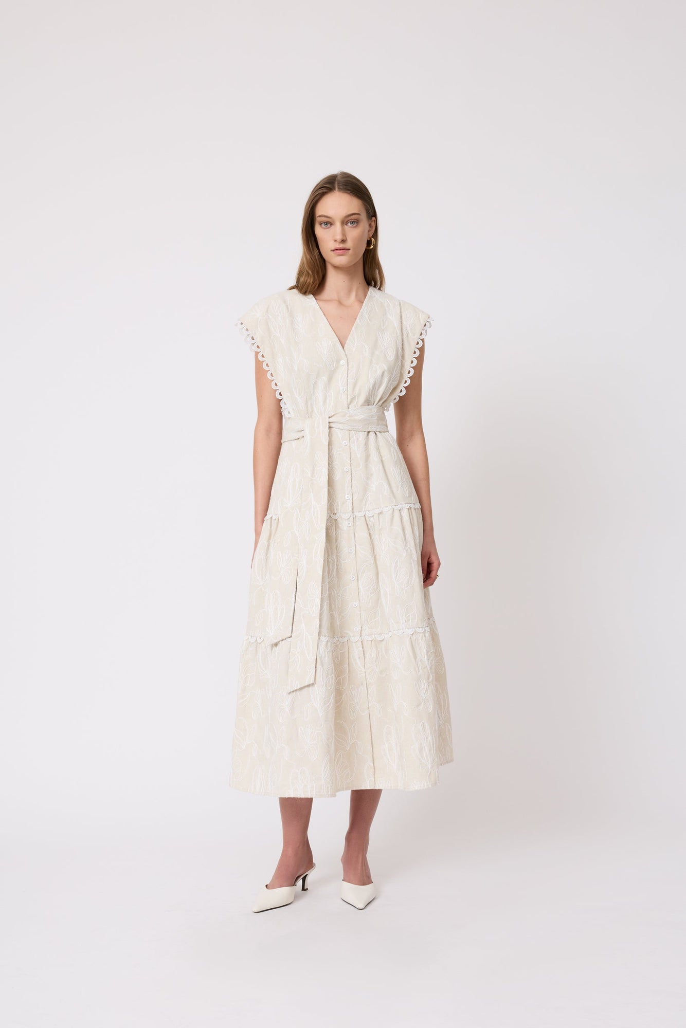 Thread Embroidered Canvas Tiered Dress | Bone
