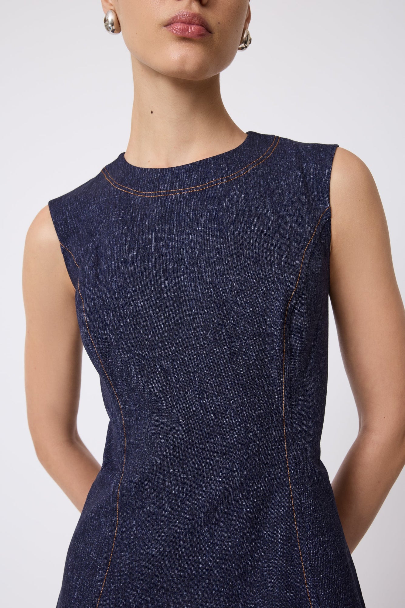 Stretch Denim Seamed A-Line Dress | Midnight