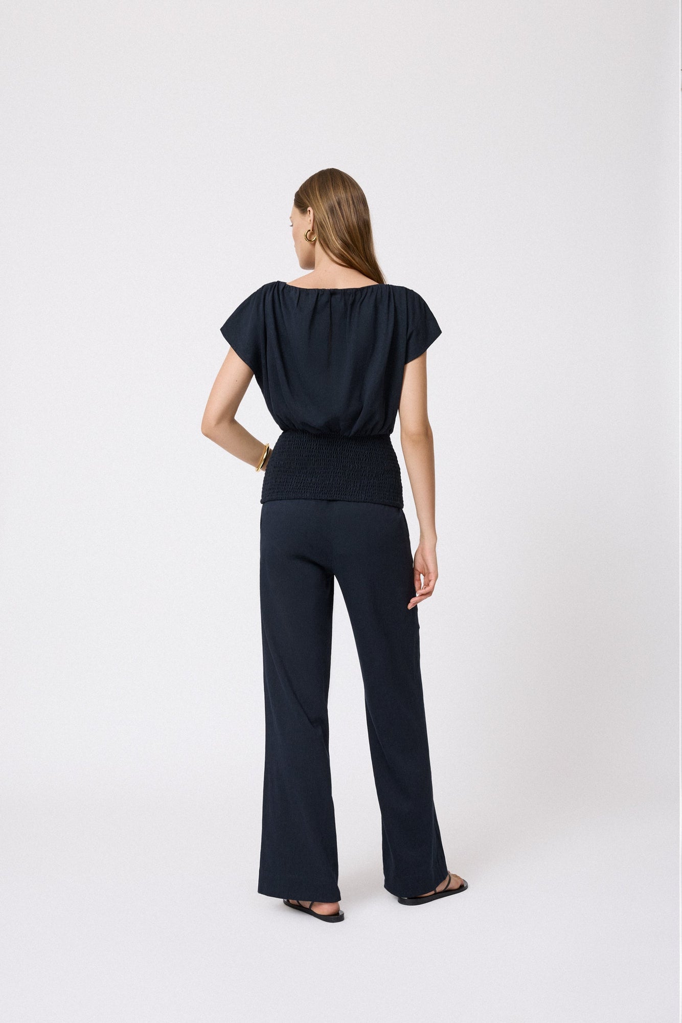 Linen Smocked Top | Navy