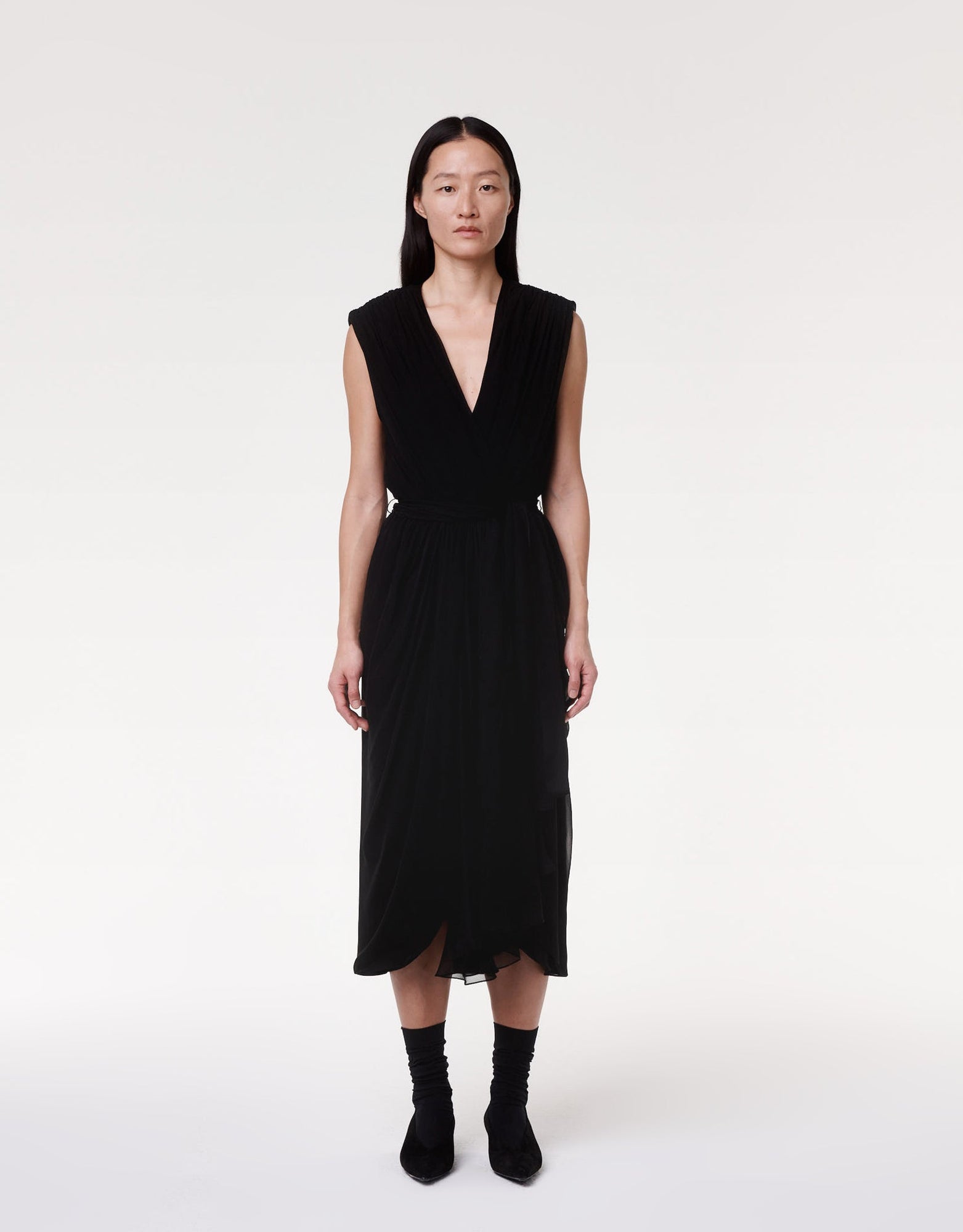 Another Tomorrow Silk Chiffon Gathered Dress in Black – Silk Women's Dress
