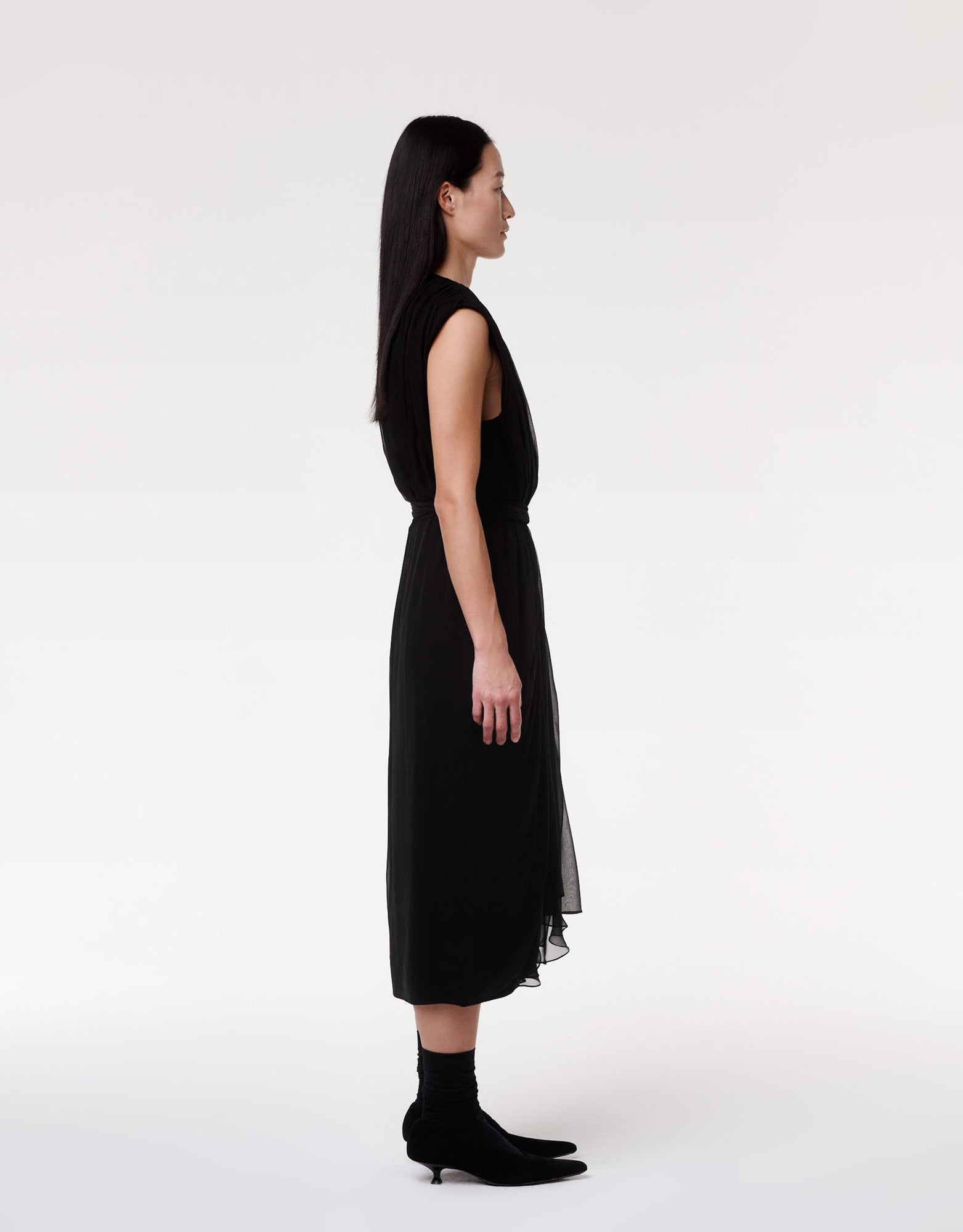 Another Tomorrow Silk Chiffon Gathered Dress in Black – Silk Women's Dress