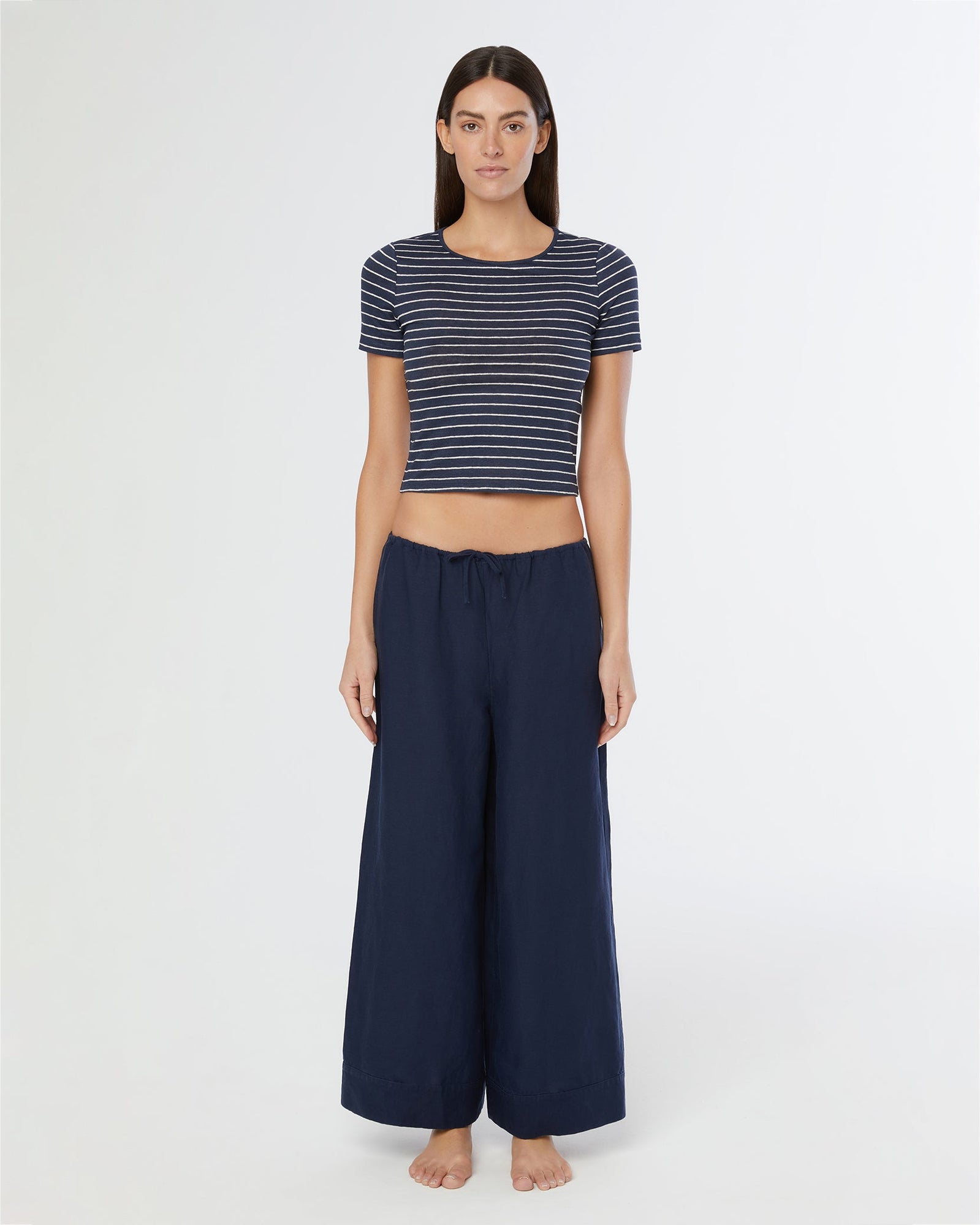 Womens | Linen Jersey Baby Tee | Deep Navy/White