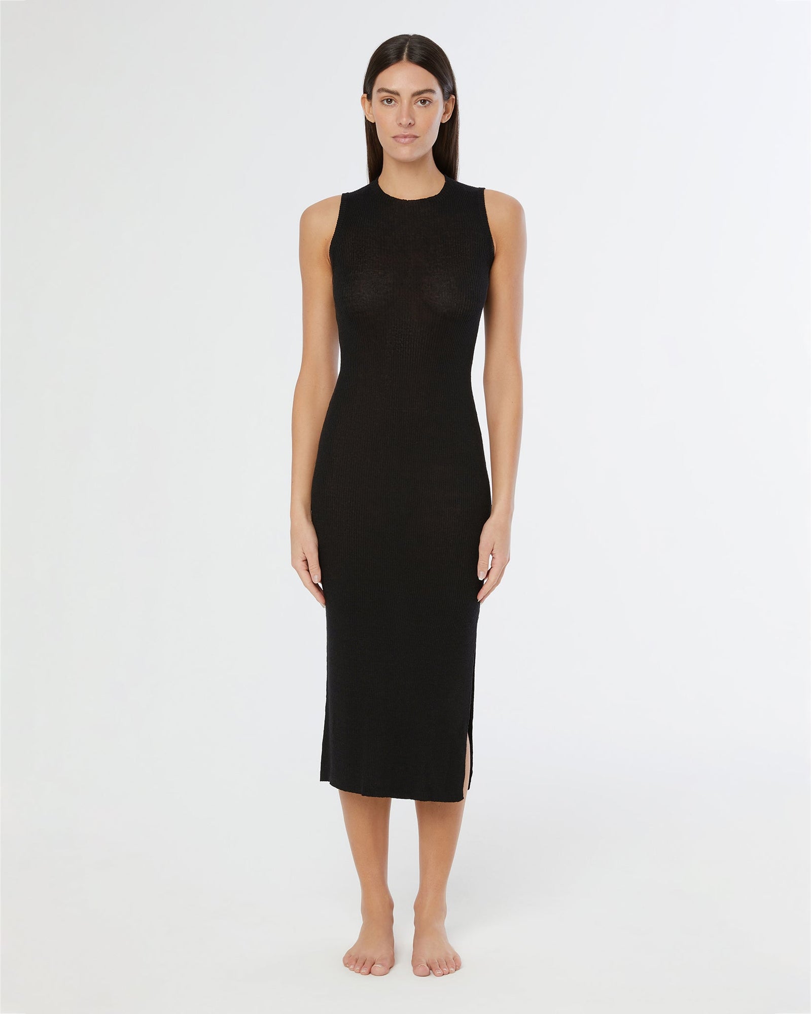 Womens | Linen Rib Tank Midi Dress | Black