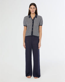 Womens | Linen Knit Button Up Shirt | Deep Navy/White
