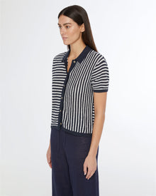 Womens | Linen Knit Button Up Shirt | Deep Navy/White