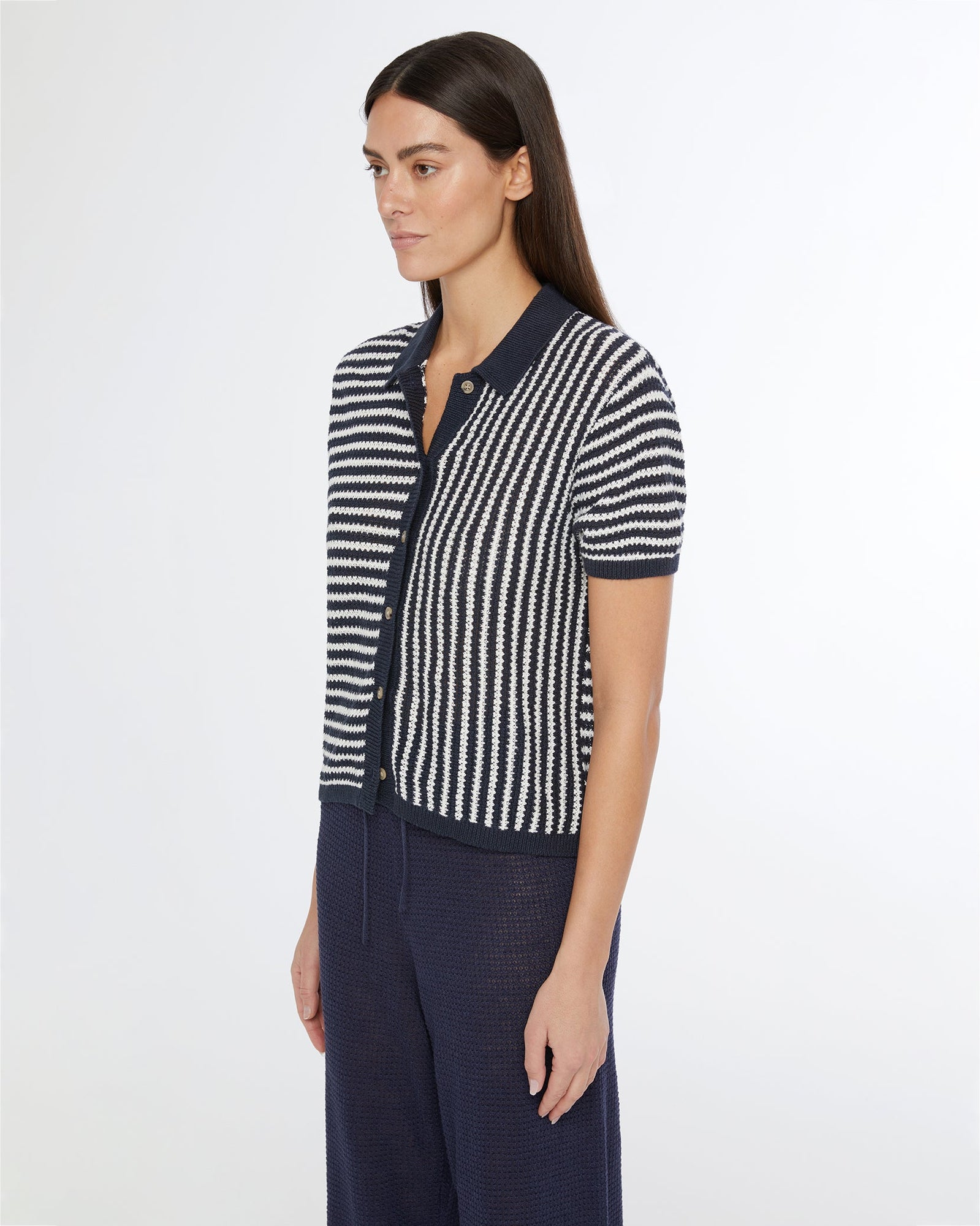 Womens | Linen Knit Button Up Shirt | Deep Navy/White
