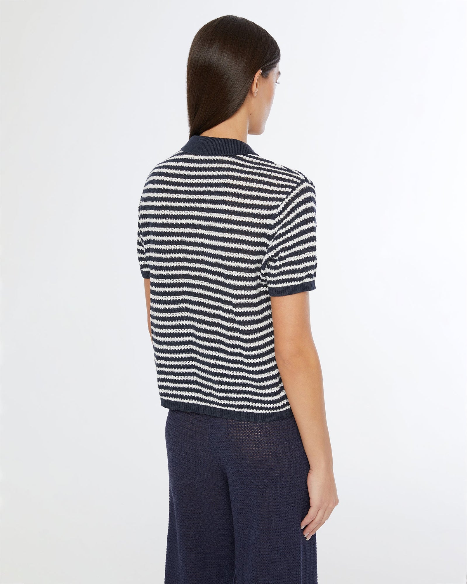 Womens | Linen Knit Button Up Shirt | Deep Navy/White
