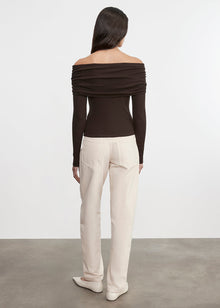 Silk Rib L/S Off-Shoulder Top | Coffee Bean