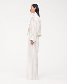 Another Tomorrow Mock Neck Pleat Shirt in Black/Off White – Linen Women's Top