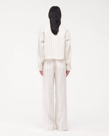 Another Tomorrow Mock Neck Pleat Shirt in Black/Off White – Linen Women's Top