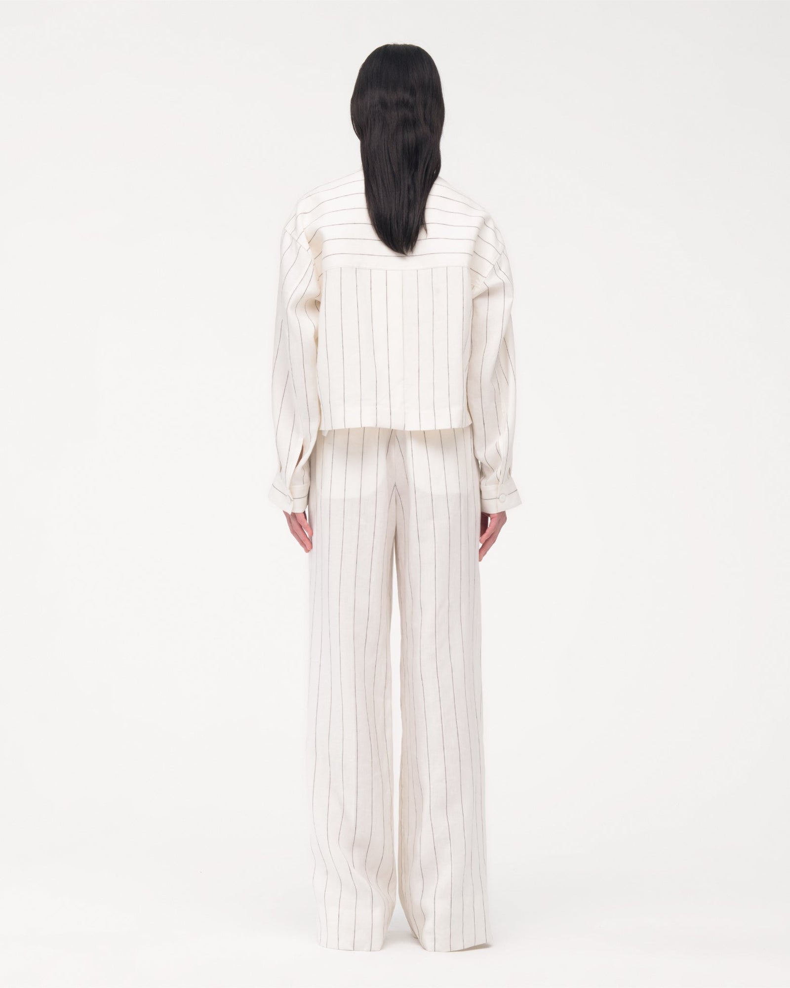 Another Tomorrow Mock Neck Pleat Shirt in Black/Off White – Linen Women's Top